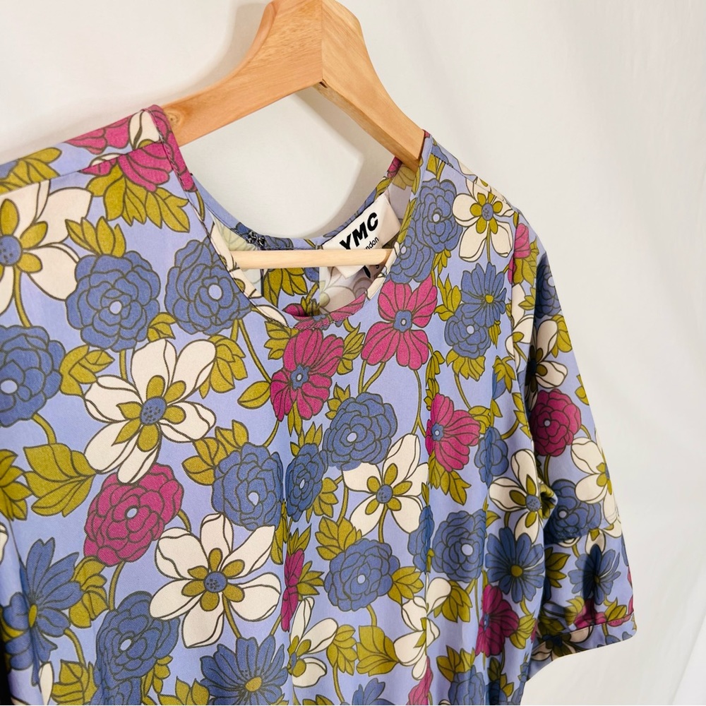 YMC London Floral Midi Smock Dress Size S 70s Mod Blue Pink Cotton Garden - Picture 5 of 16
